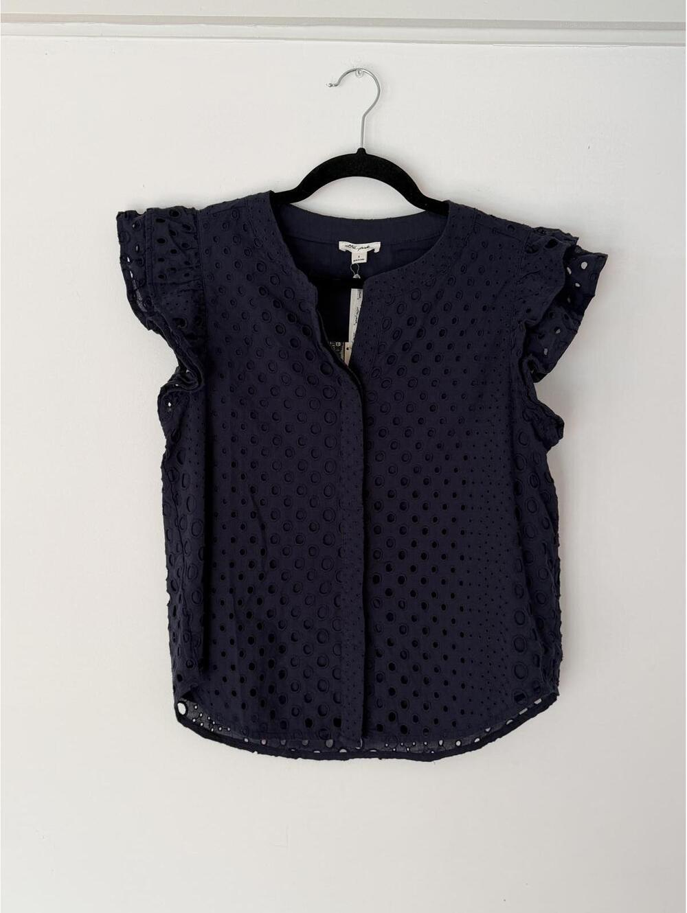 Navy Eyelet Button-Up Blouse with Ruffle Sleeves NWT size small